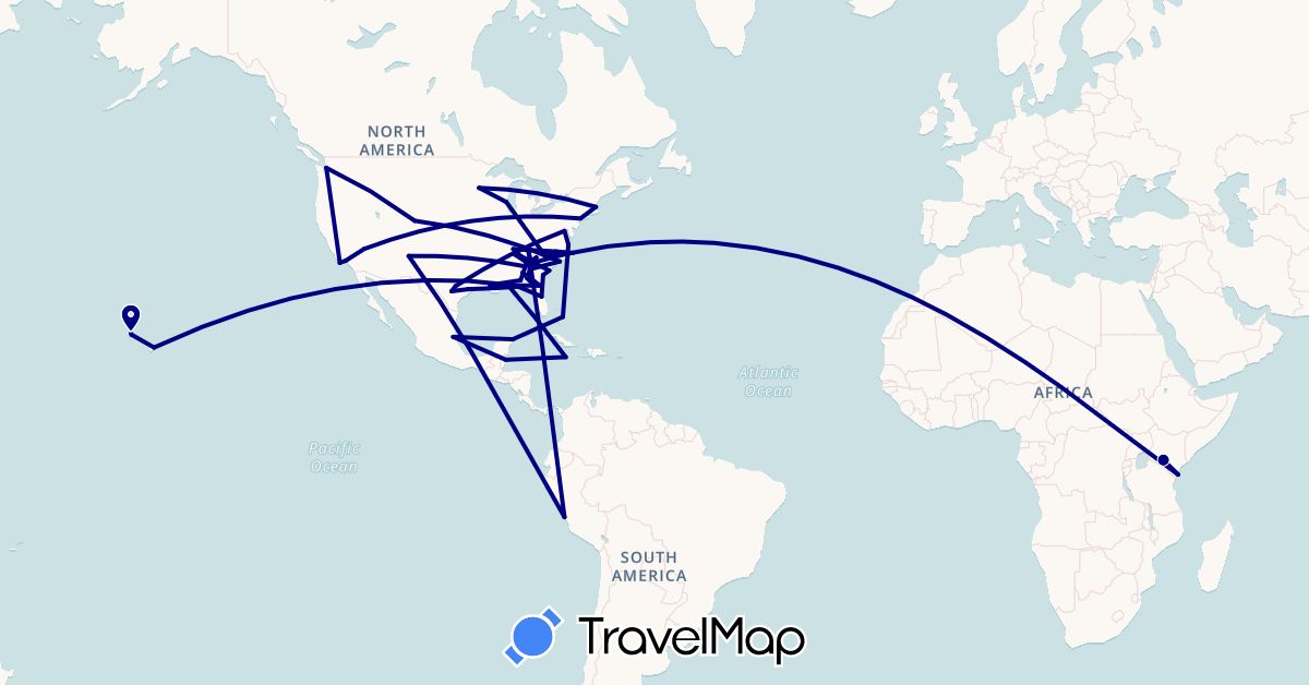 TravelMap itinerary: driving in Bahamas, Belize, Jamaica, Kenya, Mexico, Peru, United States (Africa, North America, South America)